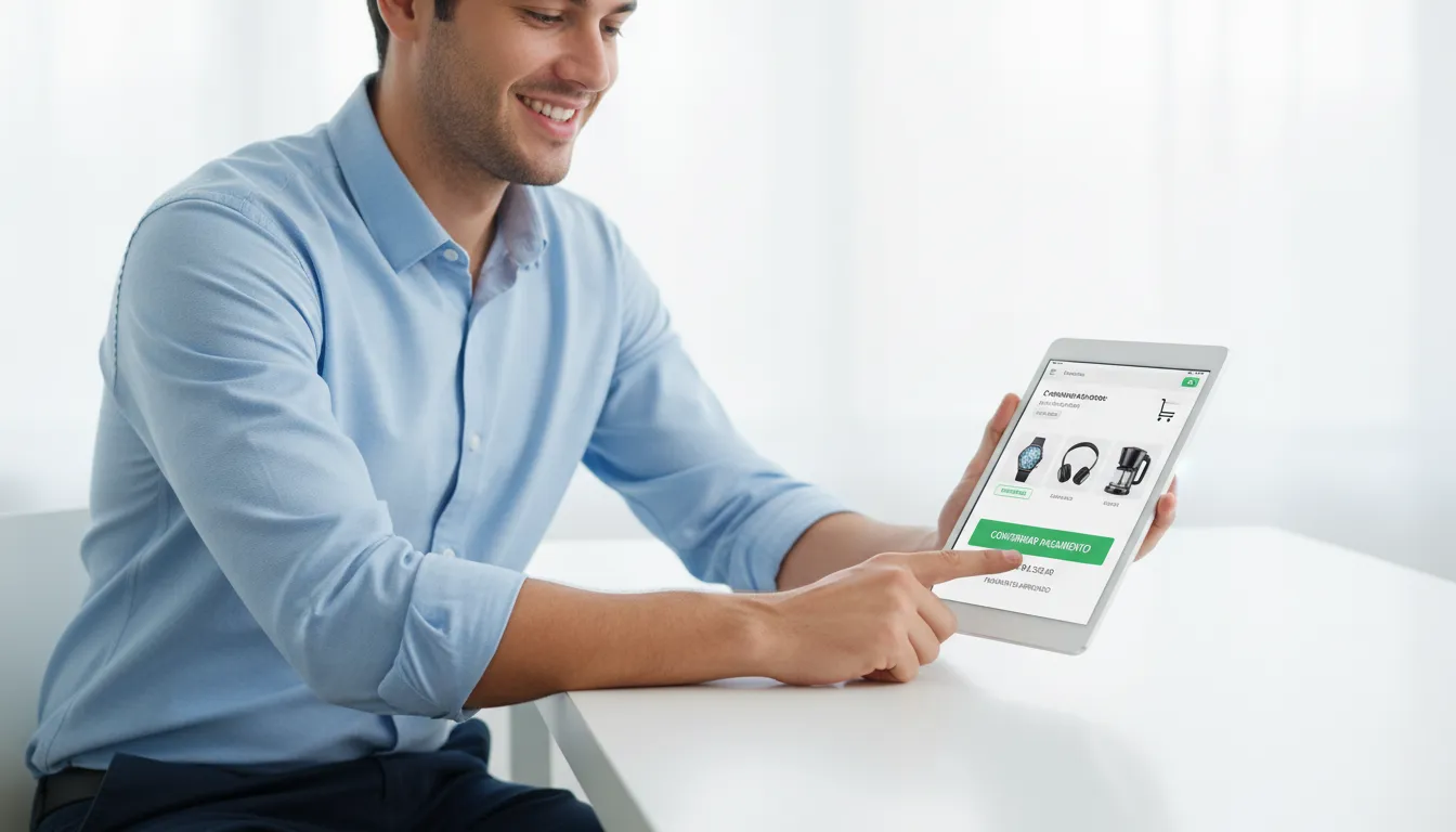 Empreendedor fechando compra em loja virtual no tablet com interface clara e moderna