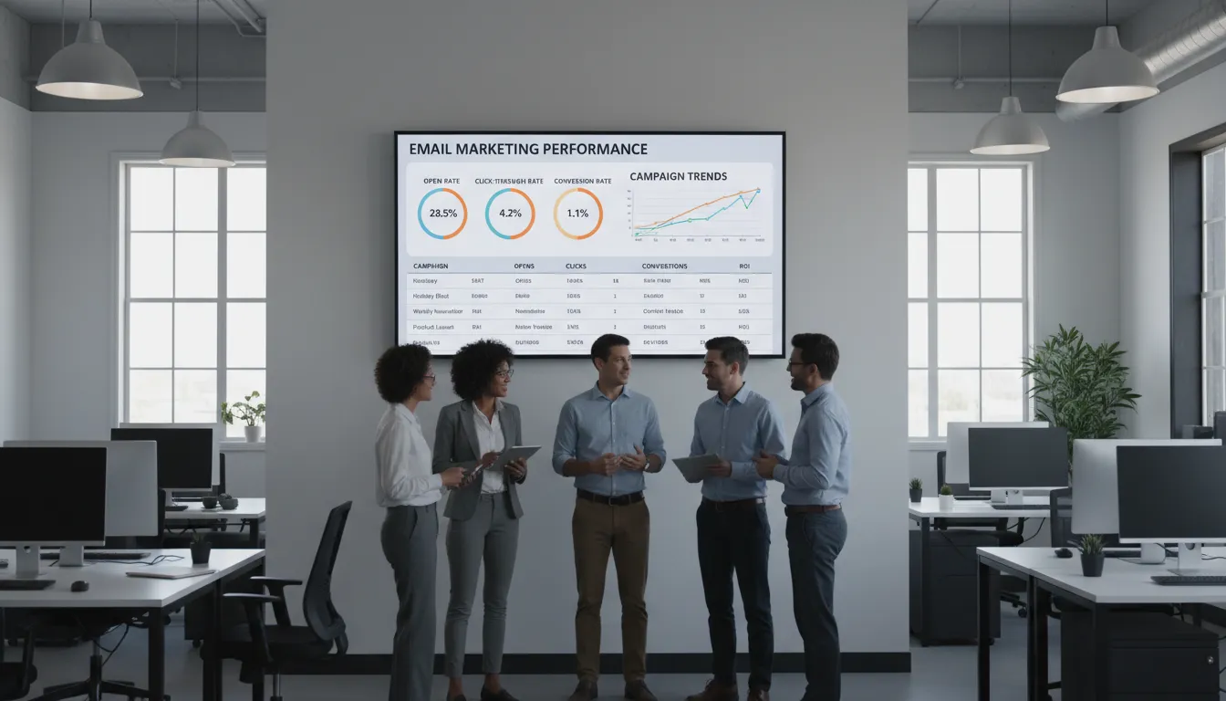 Equipe discutindo fluxos de email impressos, planejando automações em ambiente colaborativo