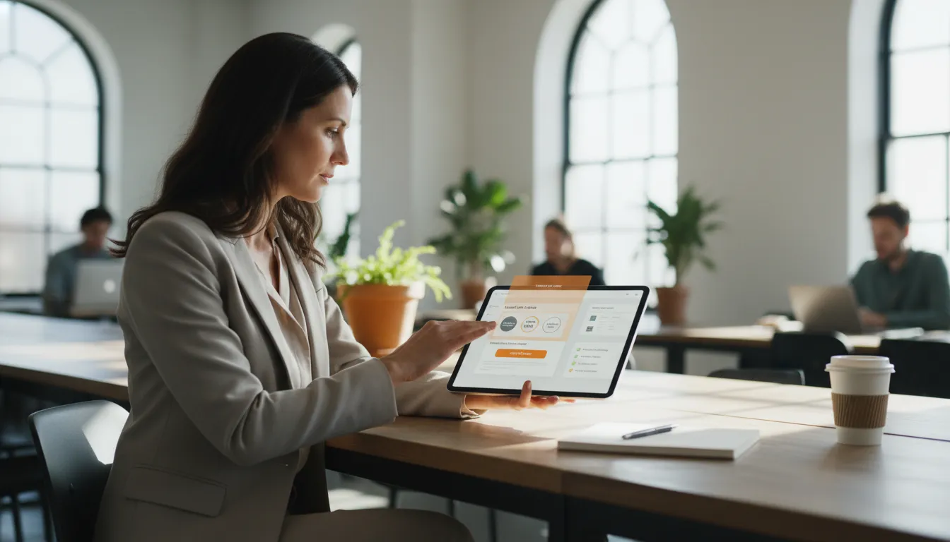 Profissional analisa wireframes de landing pages com CTAs, provas sociais e listas de benefícios em espaço de coworking.