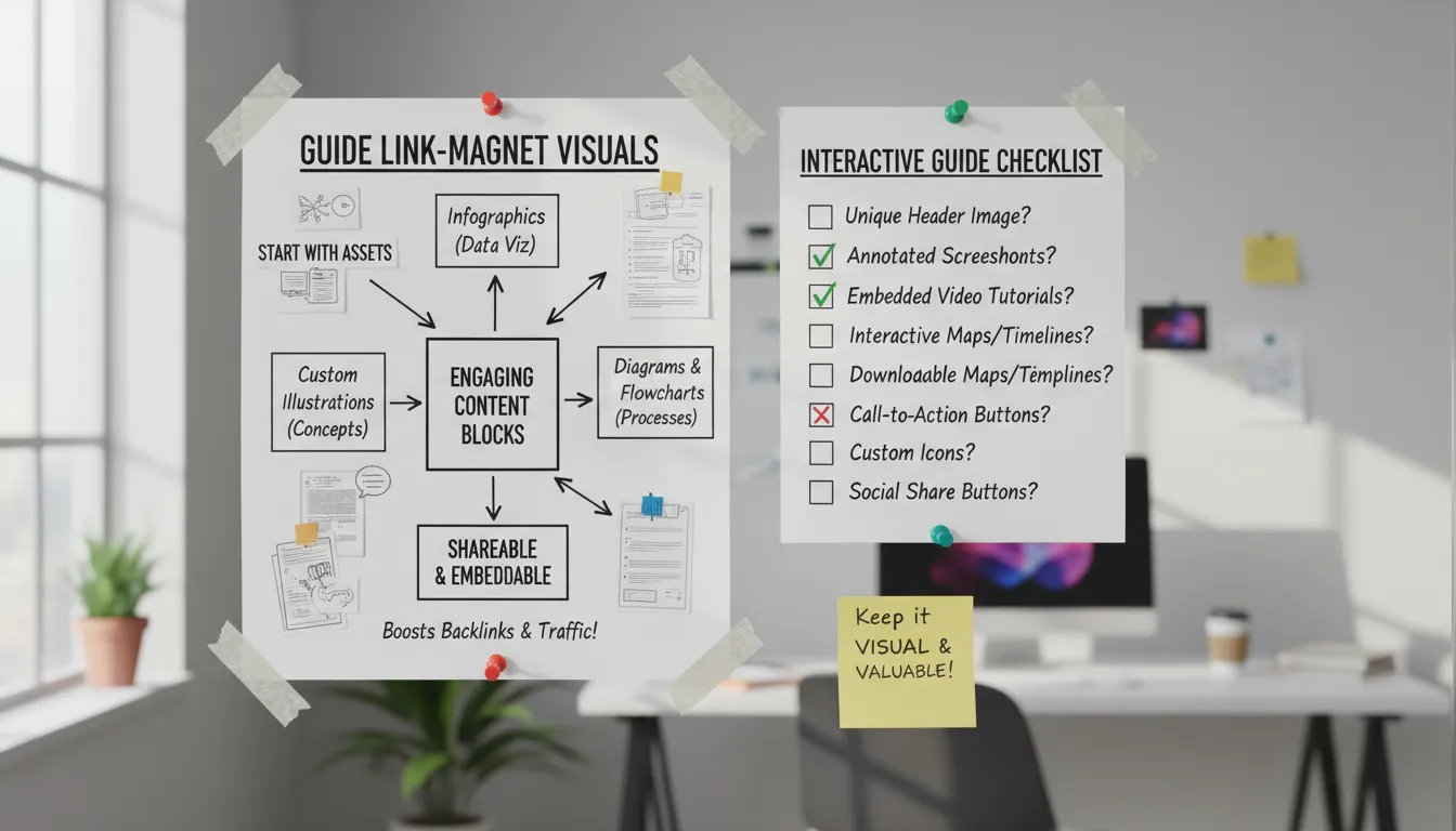 Fluxograma e checklist interativo em quadro, mostrando como elementos visuais potencializam backlinks.