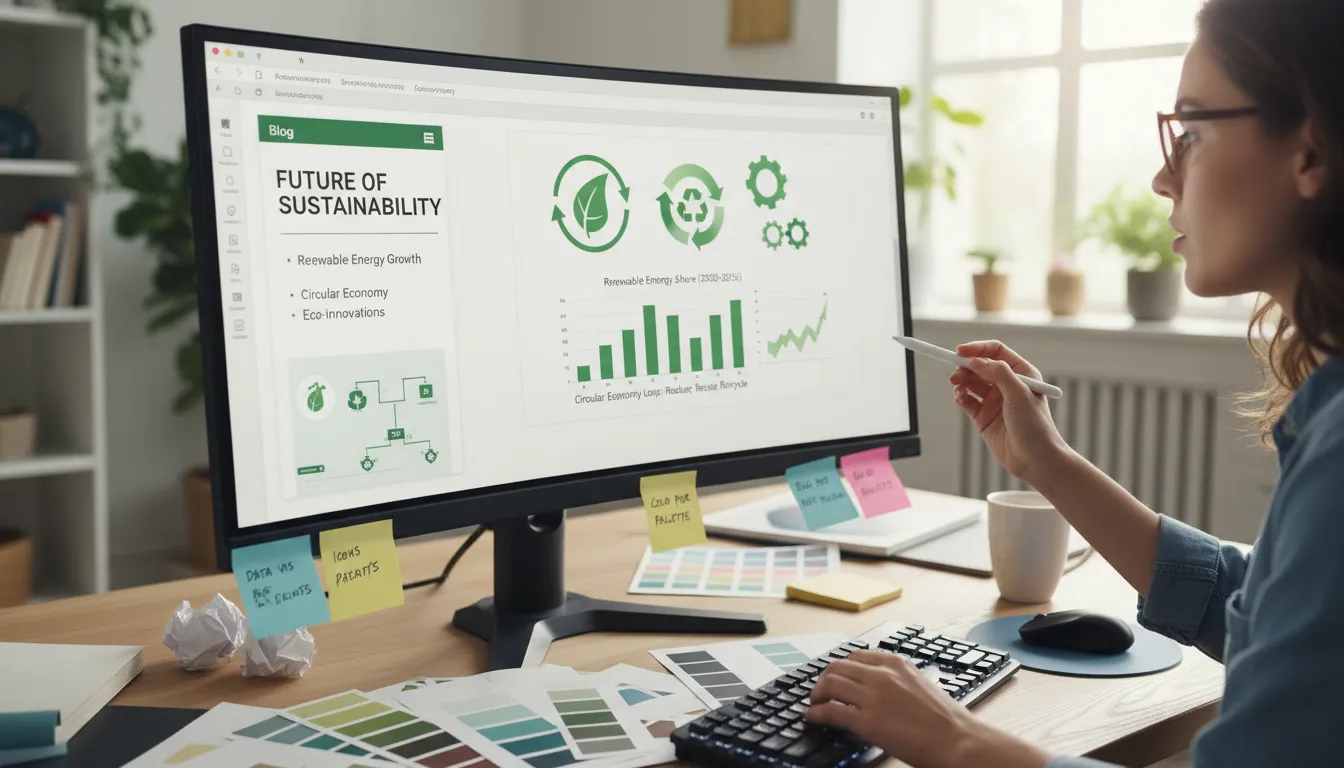 Designer adaptando informações do blog para infográfico em um ambiente de trabalho moderno