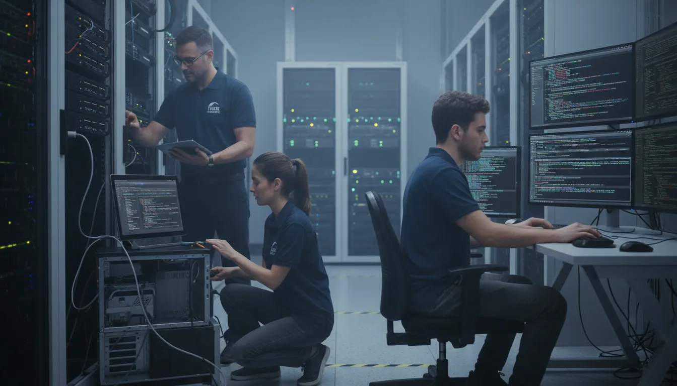 Técnicos de TI fazendo manutenção em servidores e computadores, simbolizando suporte e atualização pós-venda