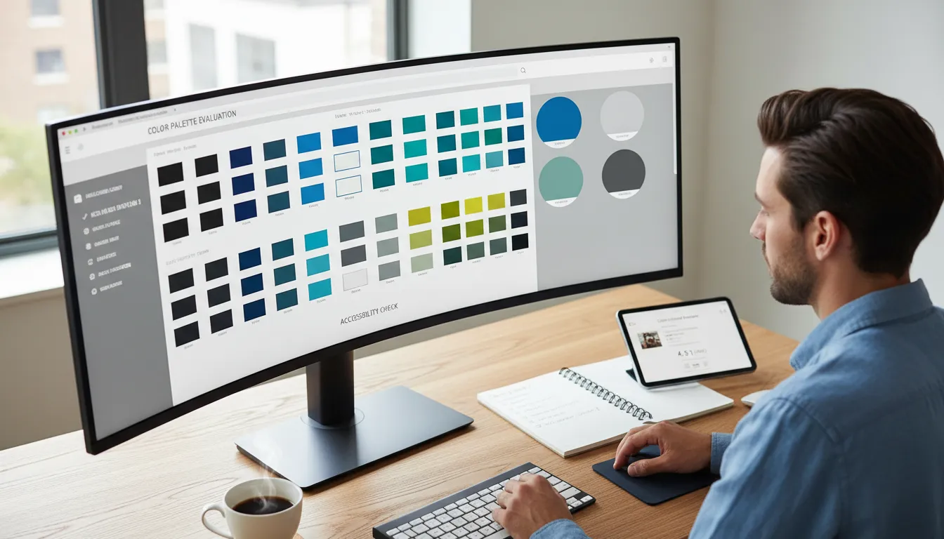 Designer avaliando paletas de cores em monitor, com amostras e checklist de contraste ao lado