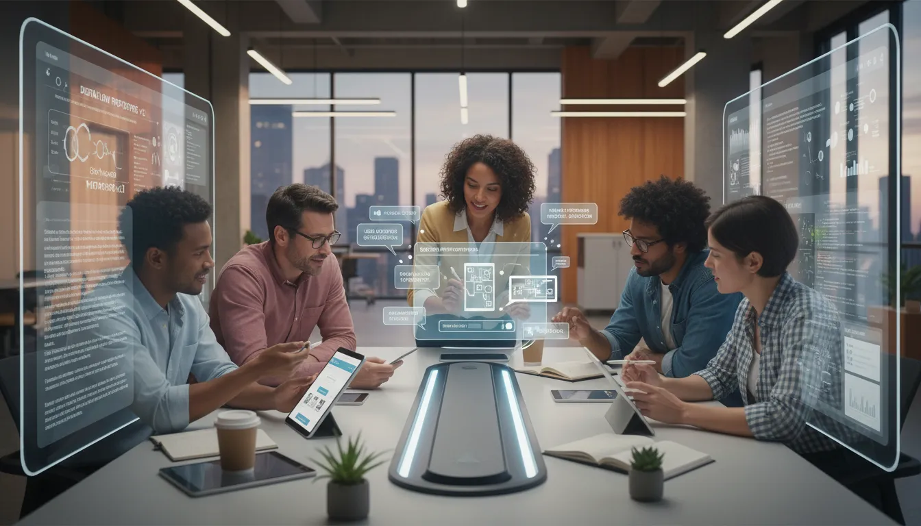 Equipe revisa protótipos mobile em ambiente moderno focada em usabilidade digital.