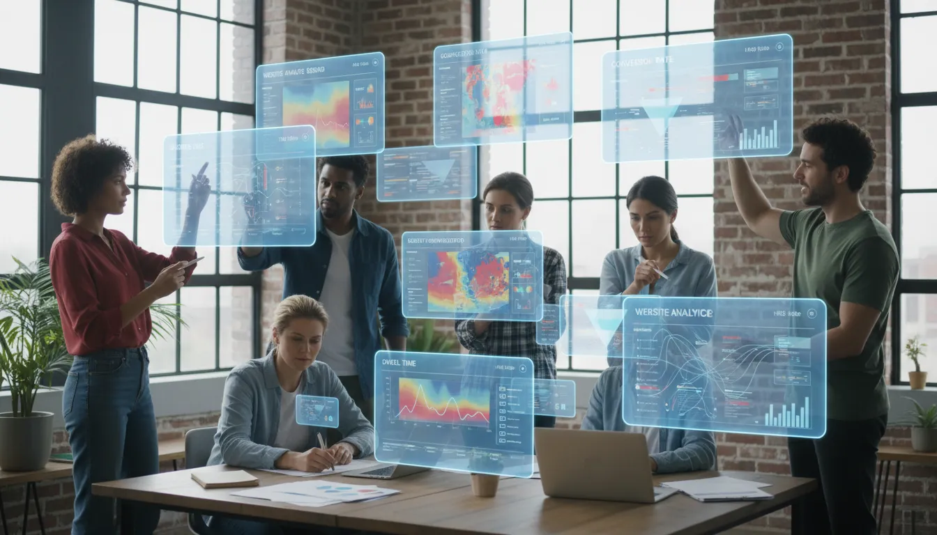 Equipe diversificada examinando mapas de calor e métricas importantes em telas digitais.