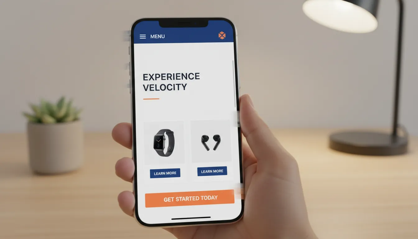 Smartphone mostra site responsivo ultrarrápido com menus intuitivos e design otimizado.