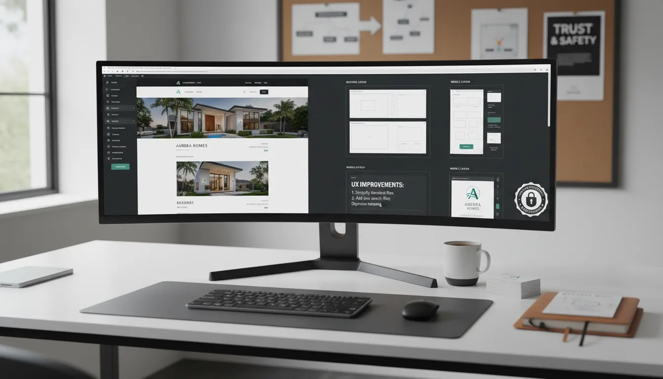 Mesa de designer com wireframes de site para diferentes dispositivos, notas de UX, e materiais de branding e segurança.