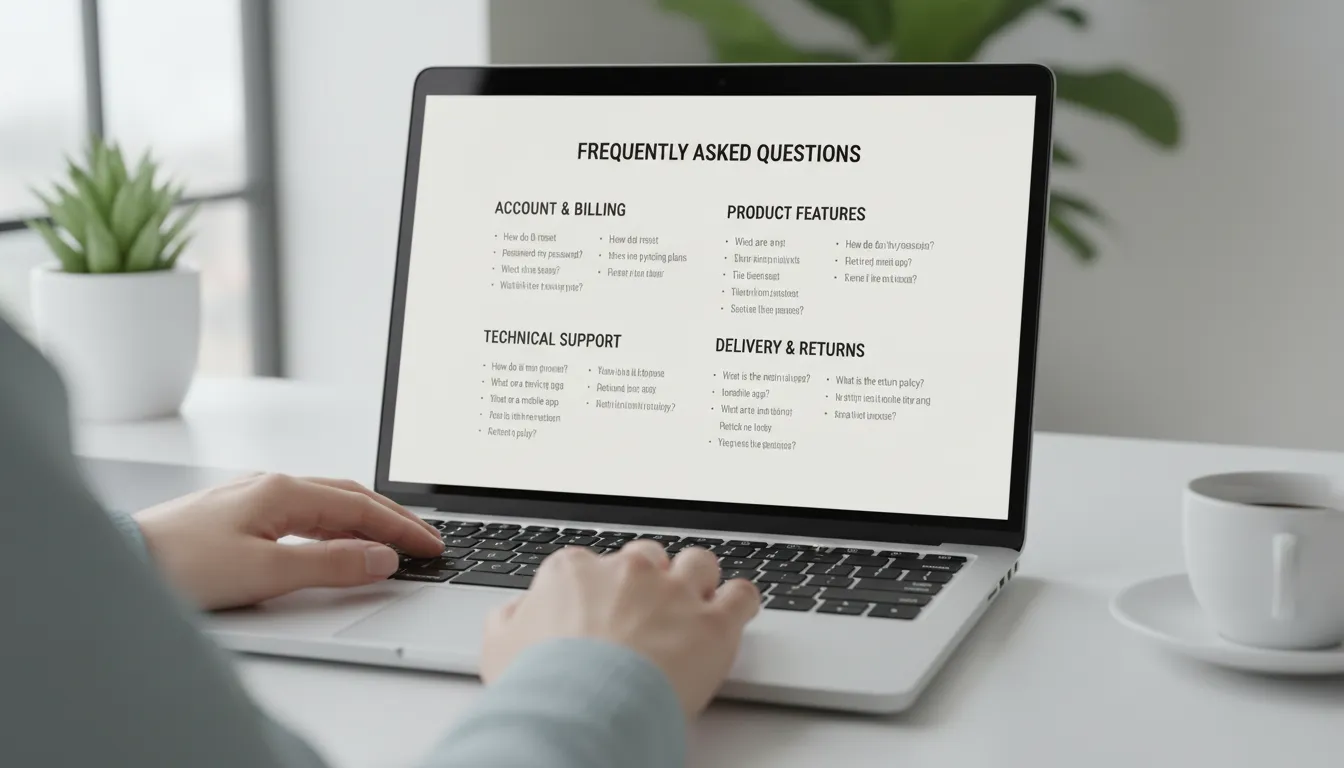 Notebook exibe FAQ segmentada por temas enquanto usuário navega pelo site.