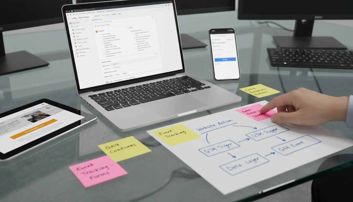 Profissional configurando eventos personalizados no GTM e GA4, ao lado de fluxogramas e dispositivos abertos em landing pages.
