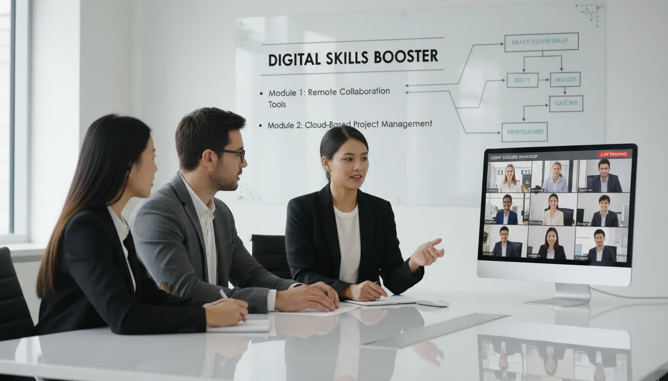Equipe digital treinando clientes por videoconferência, mostrando apoio e capacitação pós-entrega de sites