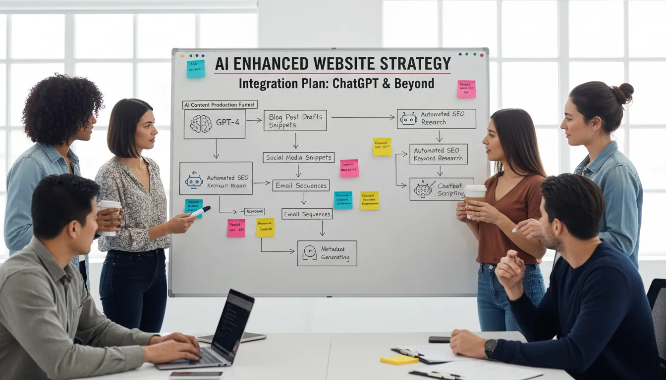 Sessão de brainstorming com fluxogramas e estratégias para integrar IA na criação de sites