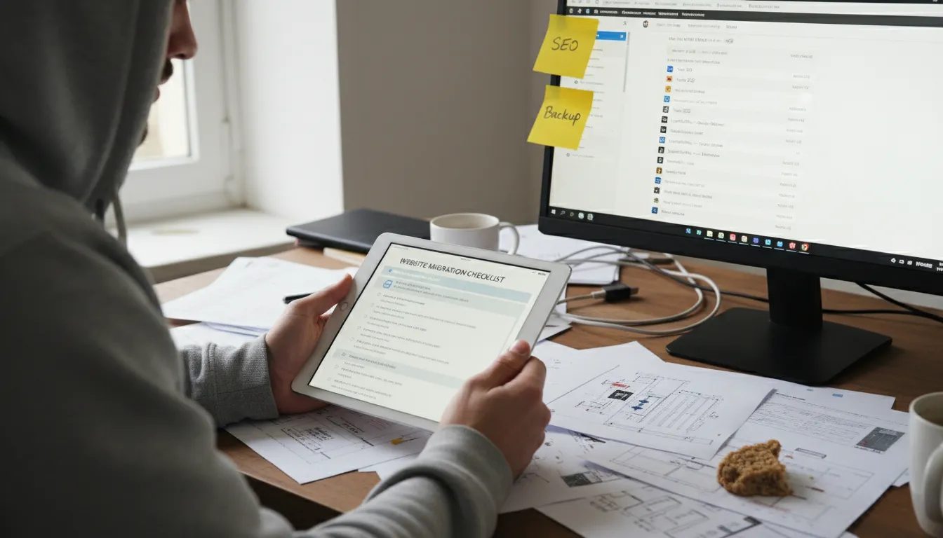Profissional revisando checklist de migração Wix para WordPress, destacando SEO, backup e redirecionamentos.