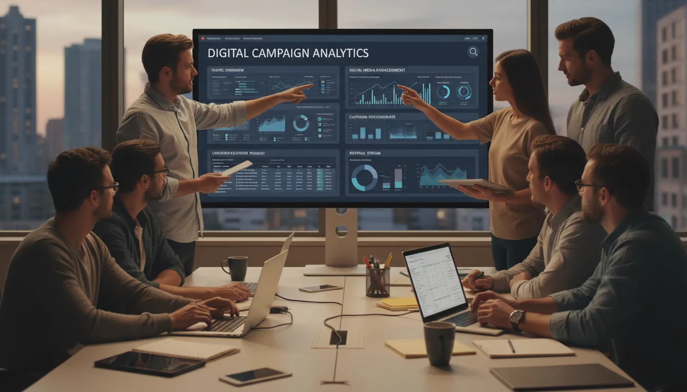 Equipe de agência digital vendo integrações automatizadas e dados em dashboards