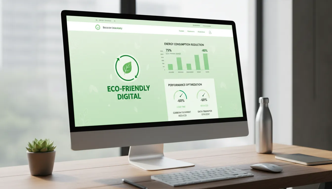Site exibindo selo ecológico, gráficos de consumo digital sustentável e painel de performance otimizada