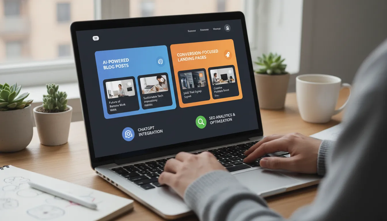 Tela de laptop exibe site profissional com conteúdo gerado por IA em ambiente de trabalho criativo