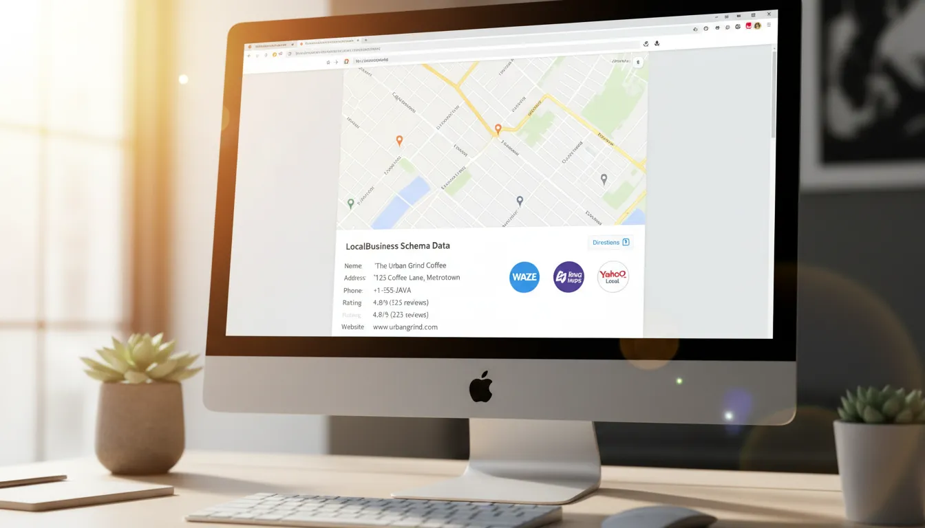 Tela de site exibindo mapa integrado, dados LocalBusiness e logos de diretórios como Waze e Bing