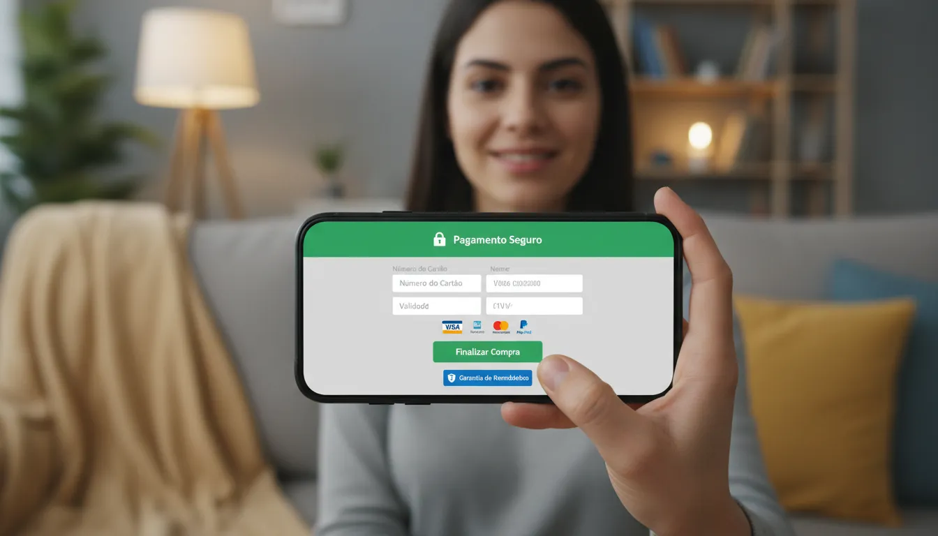 Cliente fazendo compra online com checkout seguro e diversas opções de pagamento evidentes