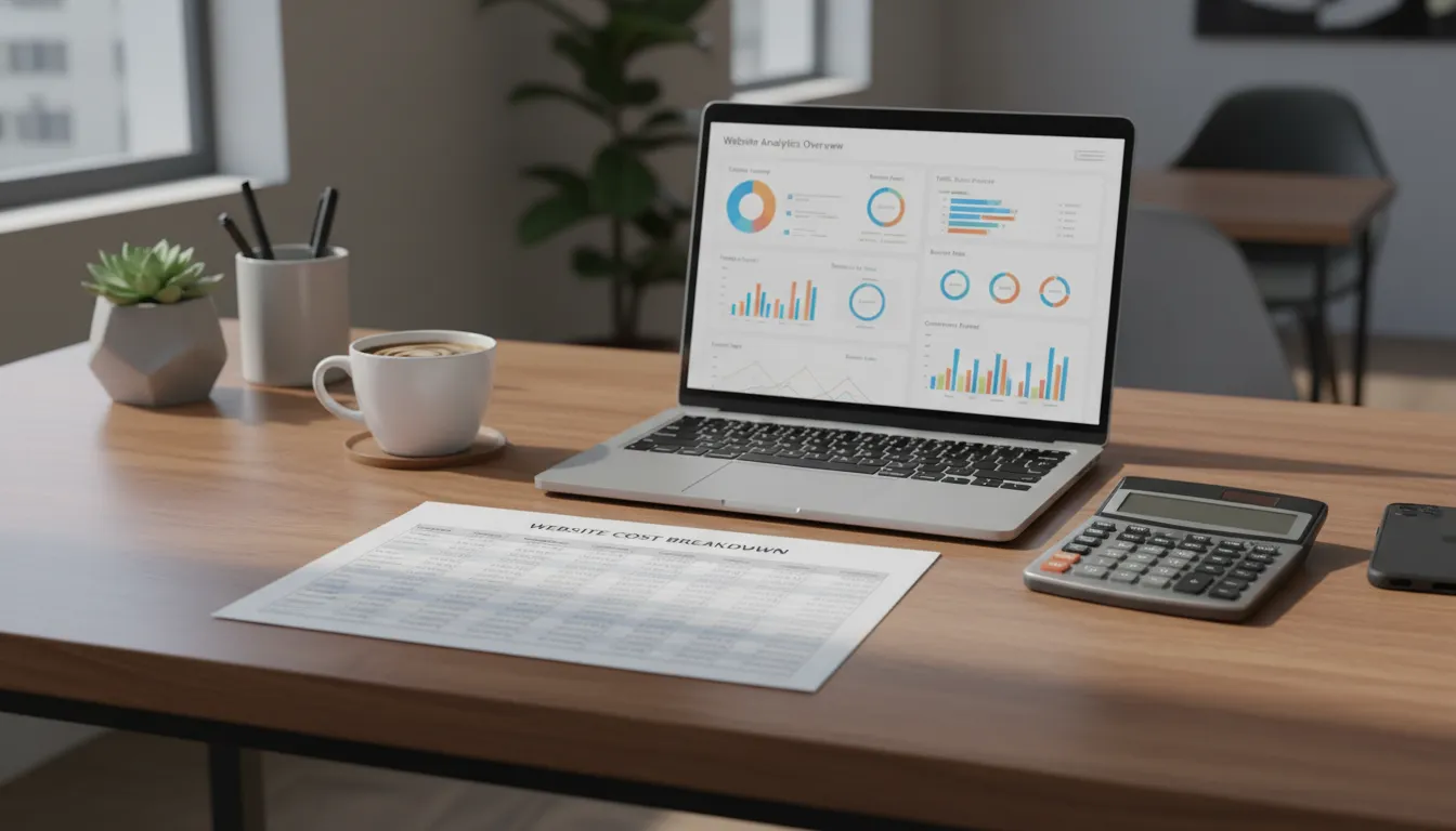 Mesa com planilha de custos de site, calculadora e dashboard de analytics em notebook