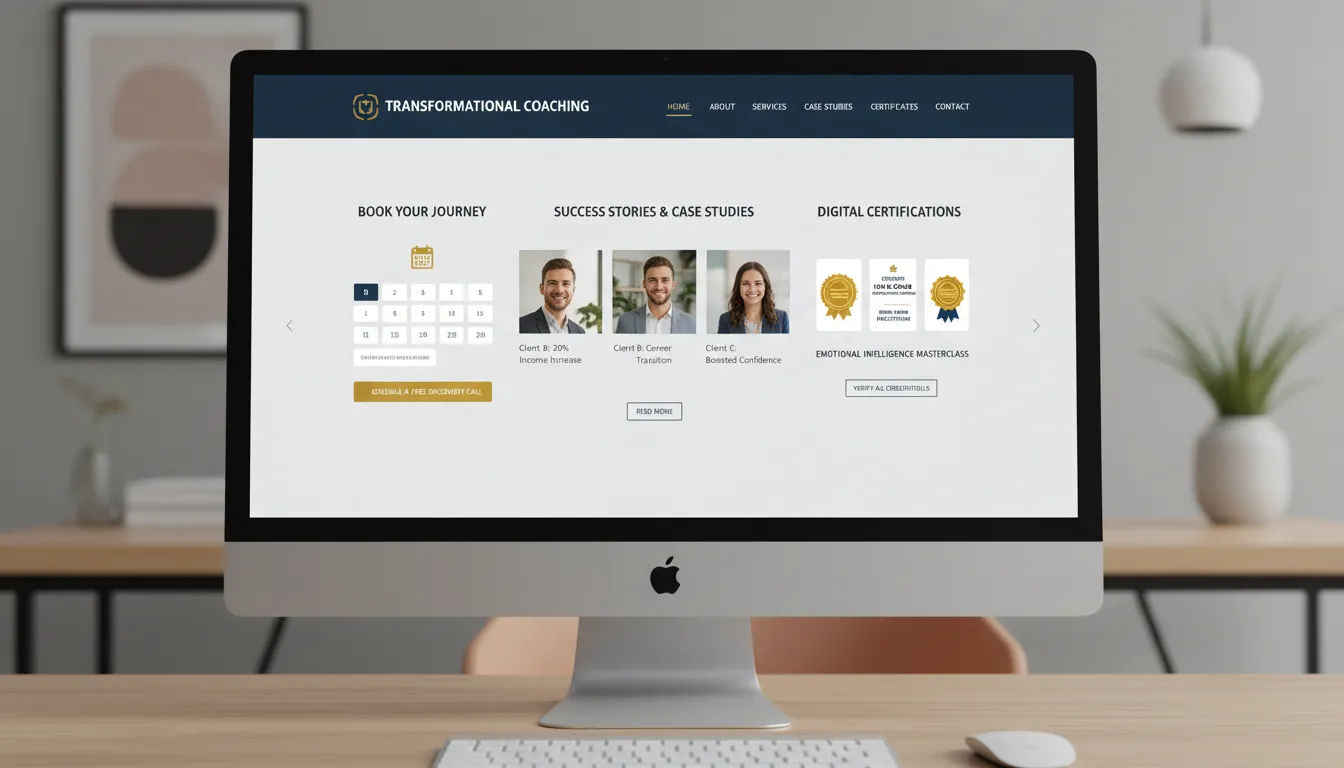 Site de coach exibindo booking, cases de sucesso e certificações digitais em tela de computador fotorrealista.