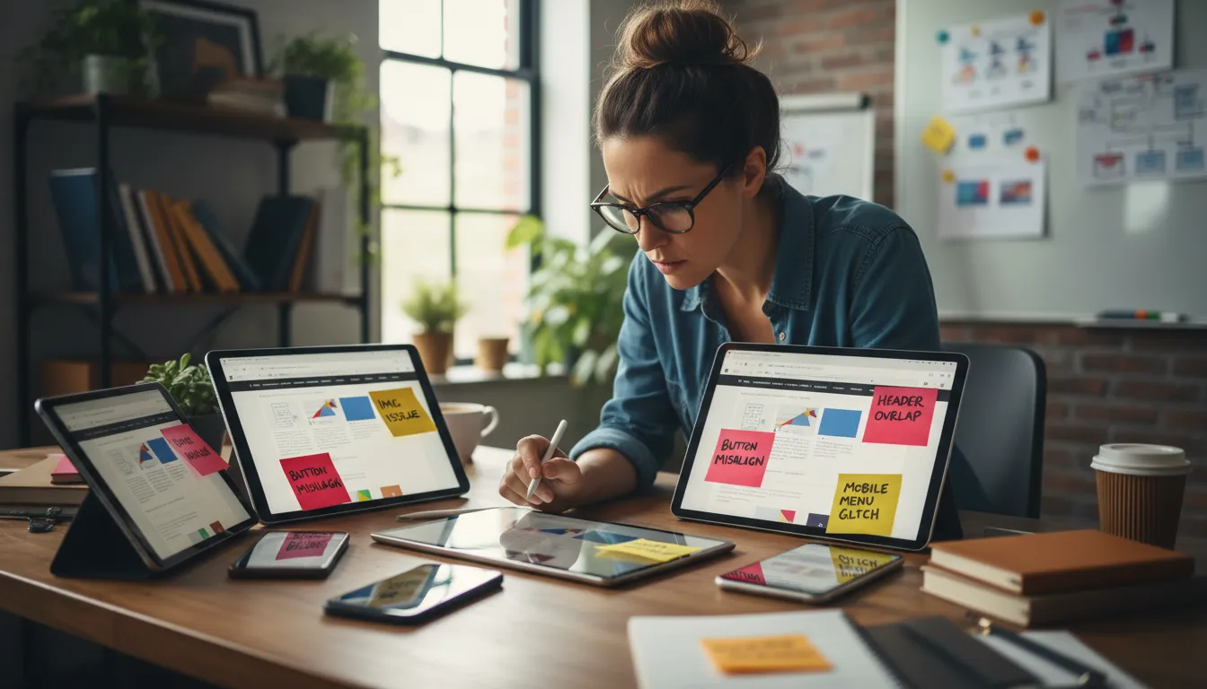 Web designer analisa mudanças no layout do site em vários dispositivos móveis