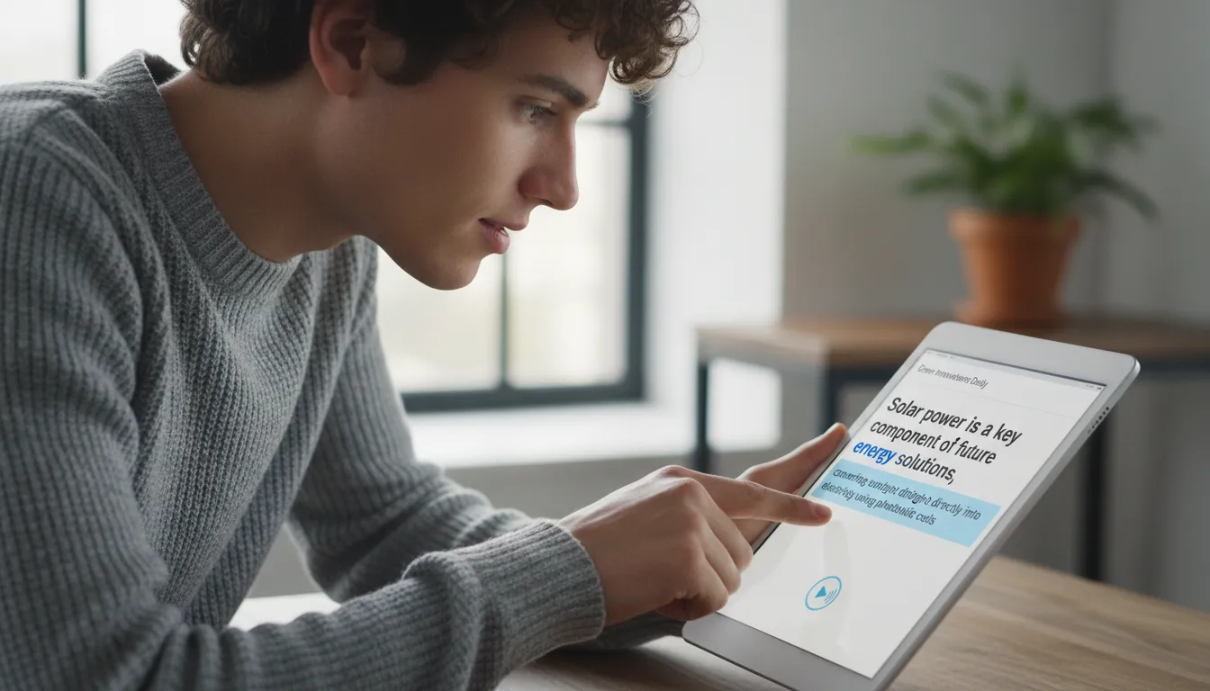 Pessoa ativando leitura em voz alta em site usando tablet, texto destacado na tela