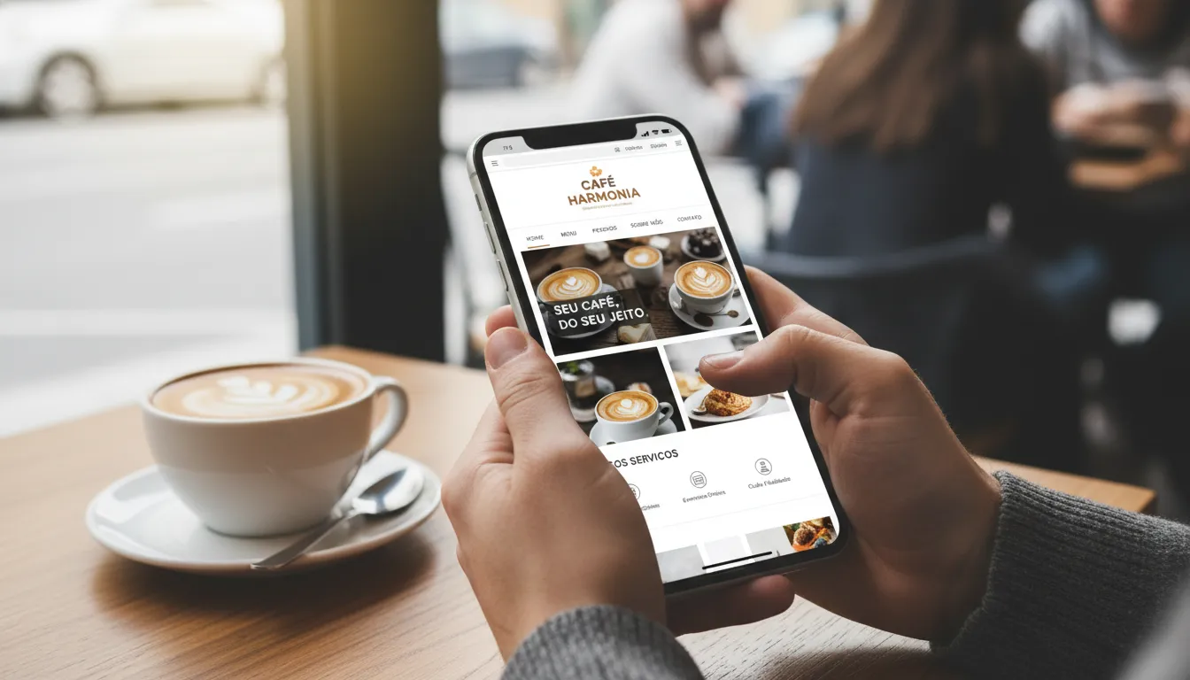 Mãos segurando smartphone com site personalizado aberto, ilustrando acessibilidade digital e custo-benefício.