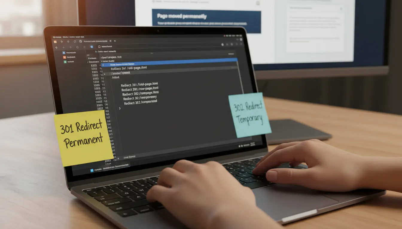 Pessoa configurando arquivo .htaccess com anotações '301', '302' e páginas de redirecionamento abertas