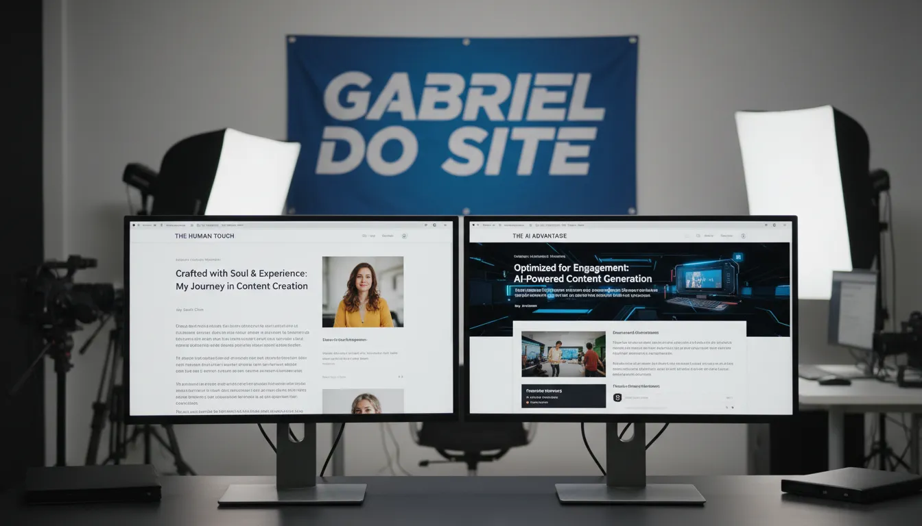 Comparação visual entre conteúdo criado por humano e IA em estúdio com marca Gabriel do Site