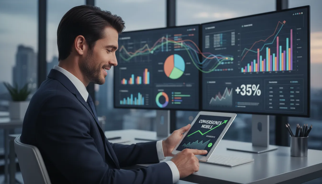 Empresário analisa gráfico mostrando aumento de conversão mobile em ambiente de sucesso.