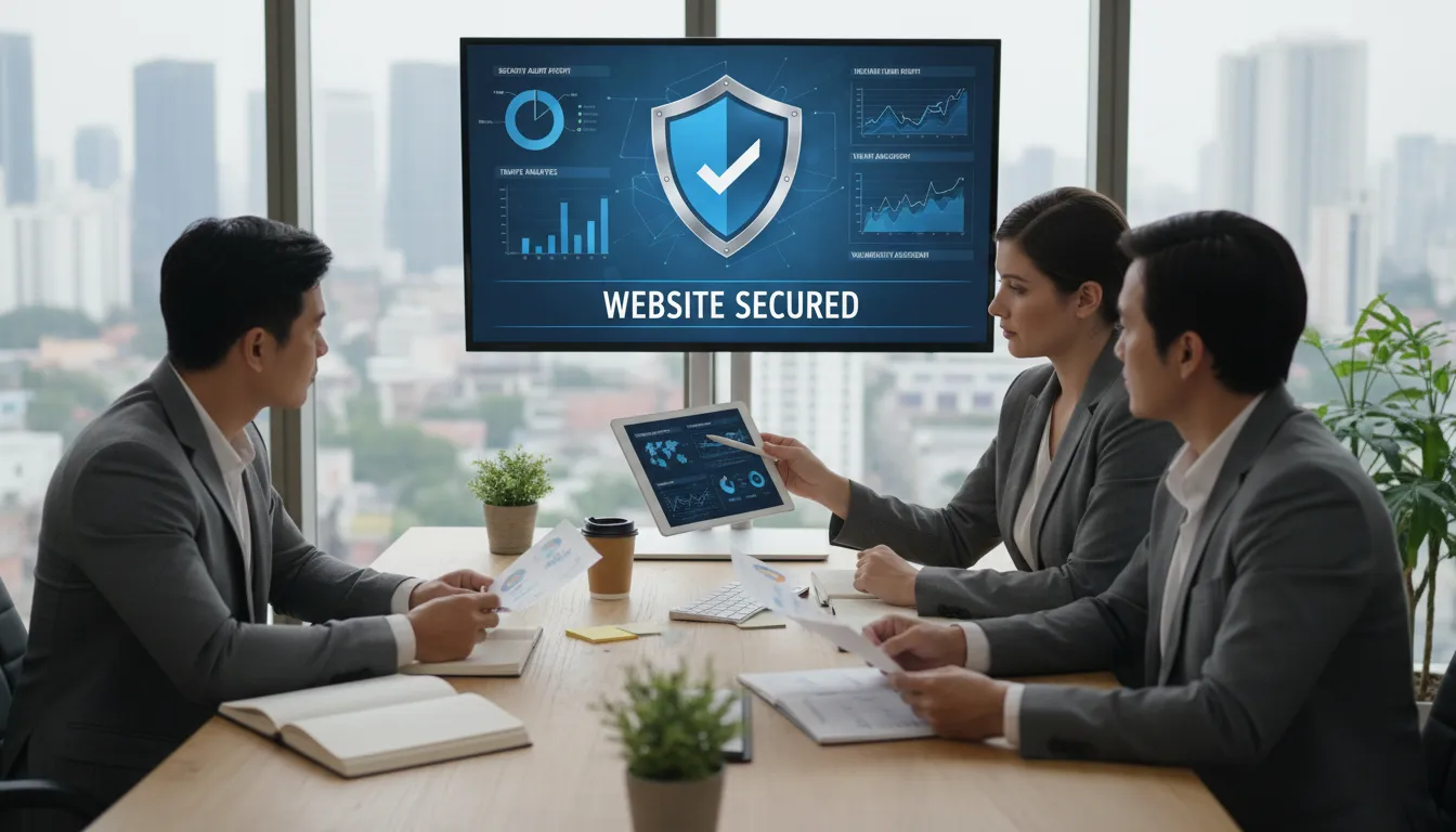 Equipe de negócios em reunião com consultor digital analisando auditoria e relatórios de segurança com ícone de escudo.