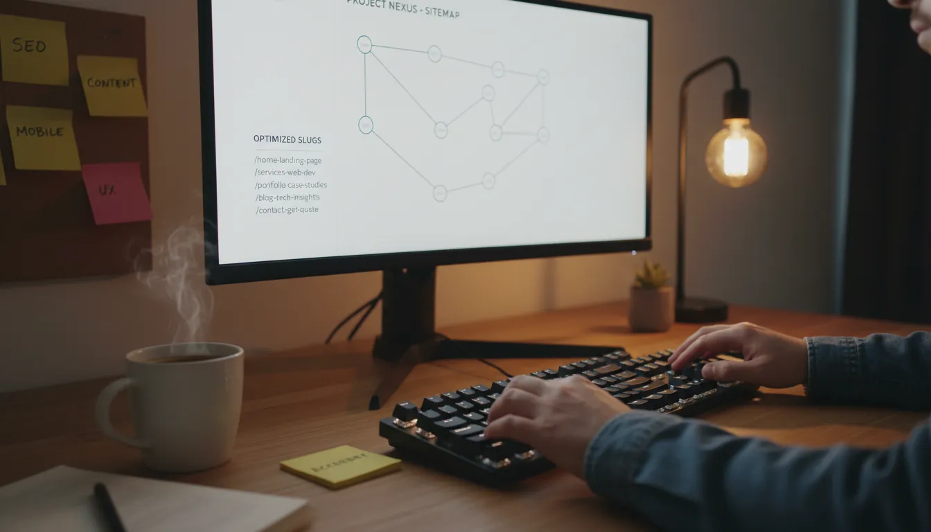 Desenvolvedor criando slugs otimizados e sitemap em um ambiente de trabalho criativo