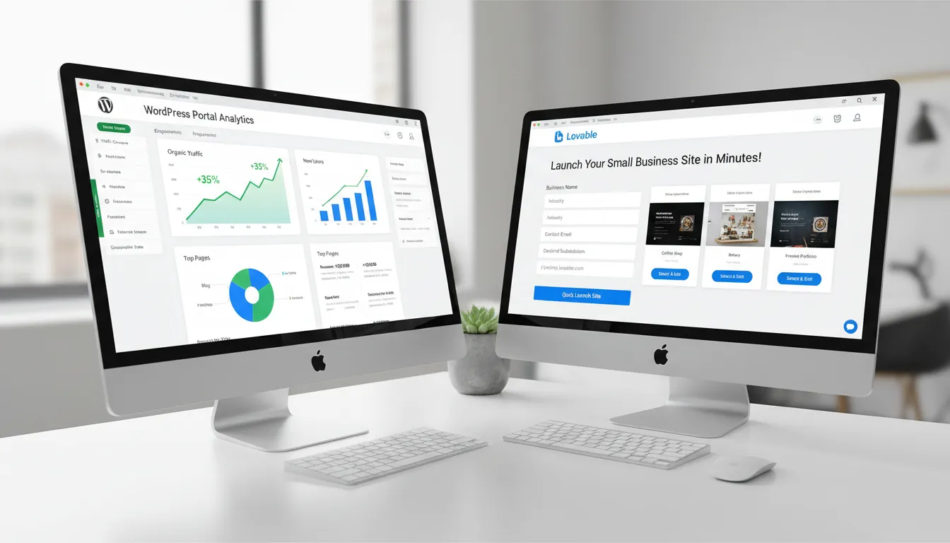 Comparação de sucesso: painel com gráficos ascendentes do WordPress e lançamento ágil de site em Lovable para negócio local.