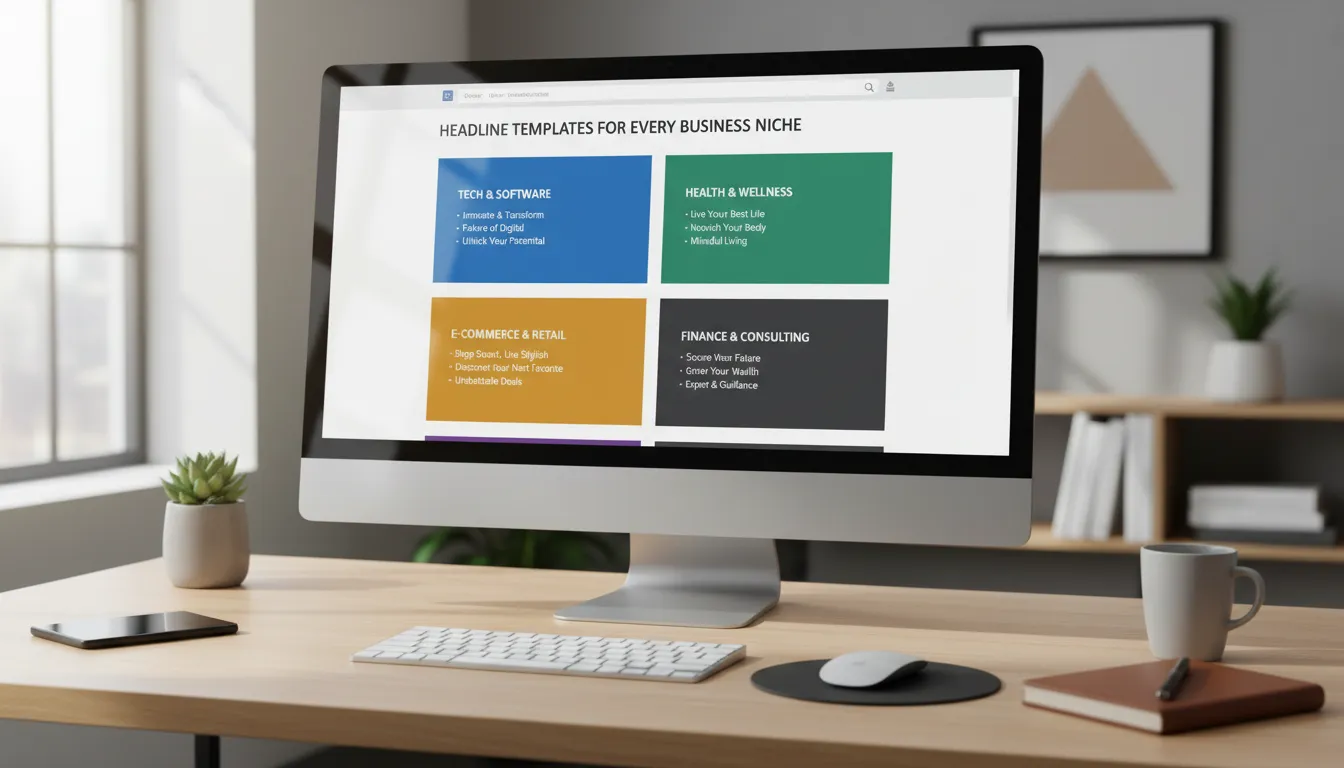 Monitor de computador mostrando landing pages para vários nichos, com foco em templates de headlines otimizadas para conversão.