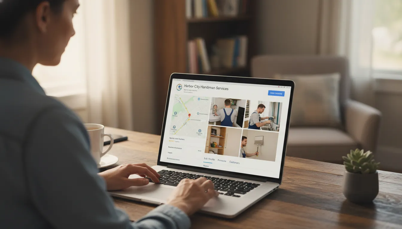 Empreendedor atualizando perfil comercial no Google com mapa interativo e fotos, ambiente iluminado e realista