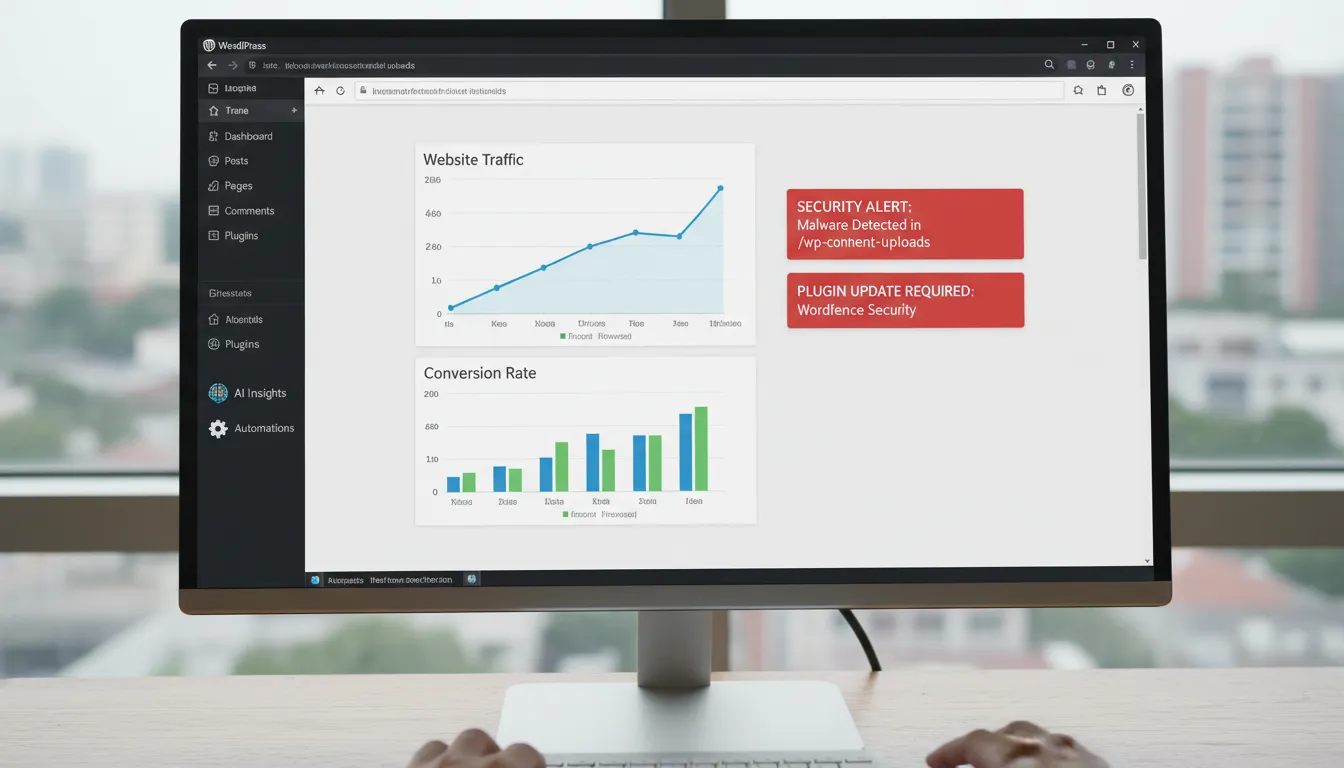 Dashboard WordPress exibindo métricas de performance, segurança e automação com IA