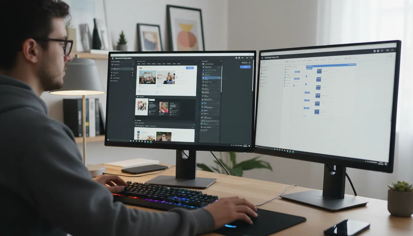 Profissional ajustando Elementor e Gutenberg em monitores duplos, demonstrando diferenças visuais em ambiente moderno.