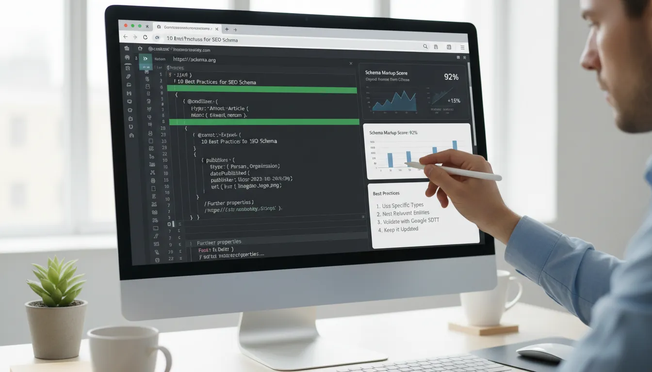 Desenvolvedor aponta para marcação de schema JSON-LD validada em tela de computador com análises de SEO.