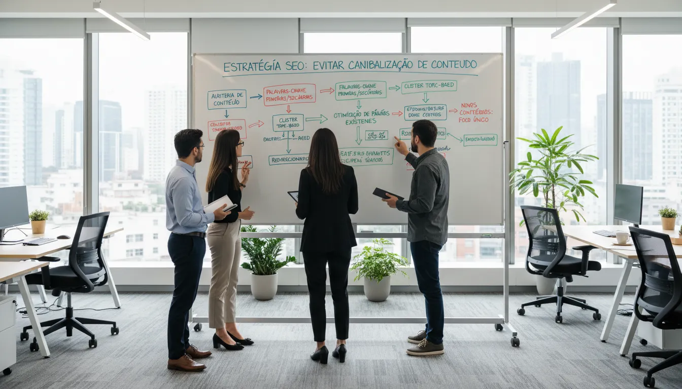 Equipe analisa fluxograma de prevenção de canibalização de conteúdo SEO em quadro branco.