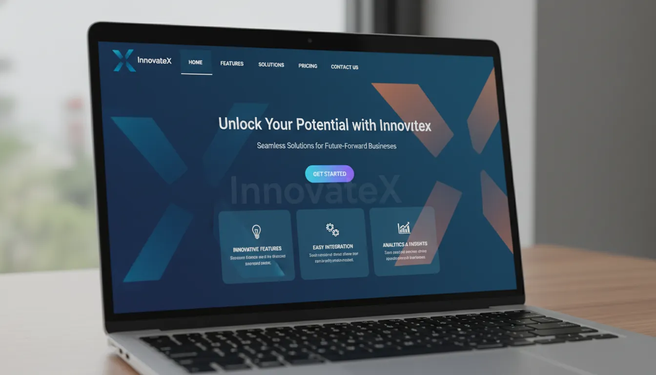Tela de notebook mostrando página inicial de um site empresarial inovador, com navegação intuitiva.