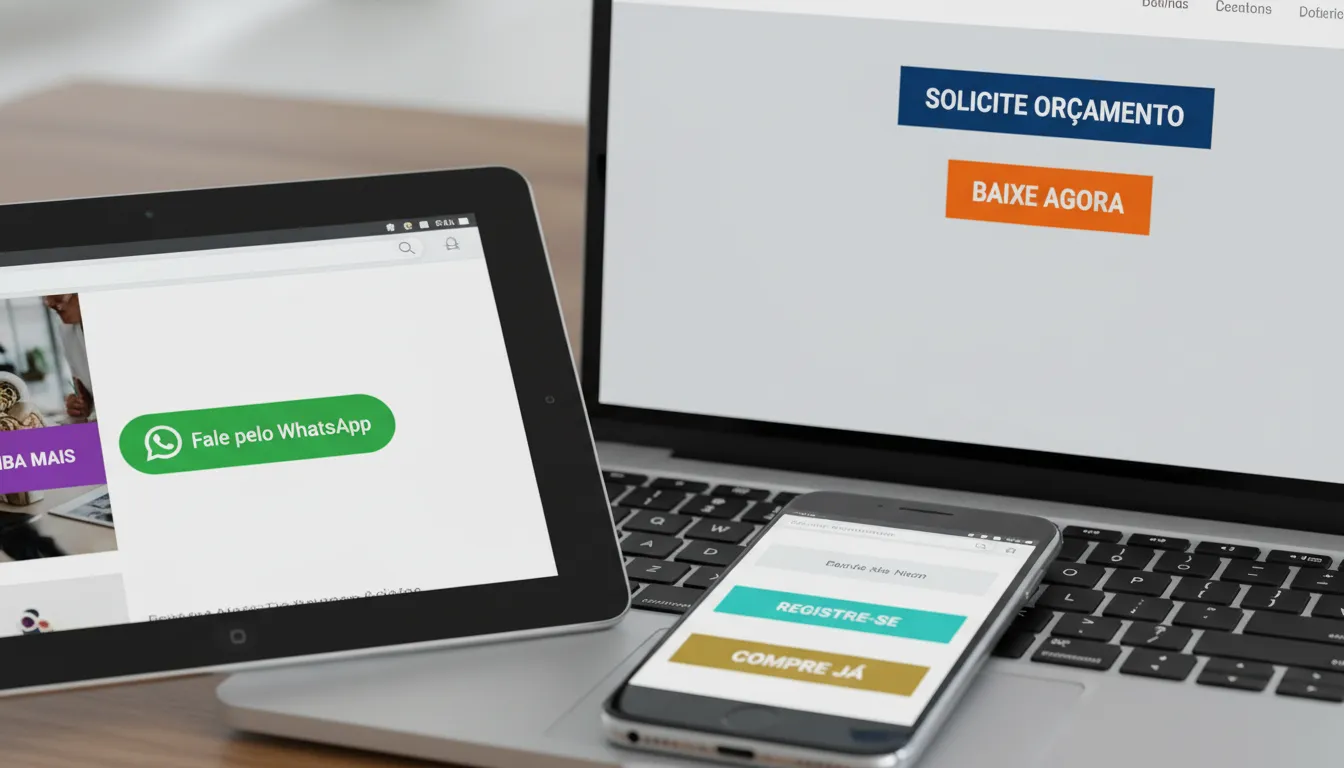 Botões de CTA coloridos com textos diferentes em telas de laptop, tablet e smartphone, destacando fórmulas e acessibilidade.