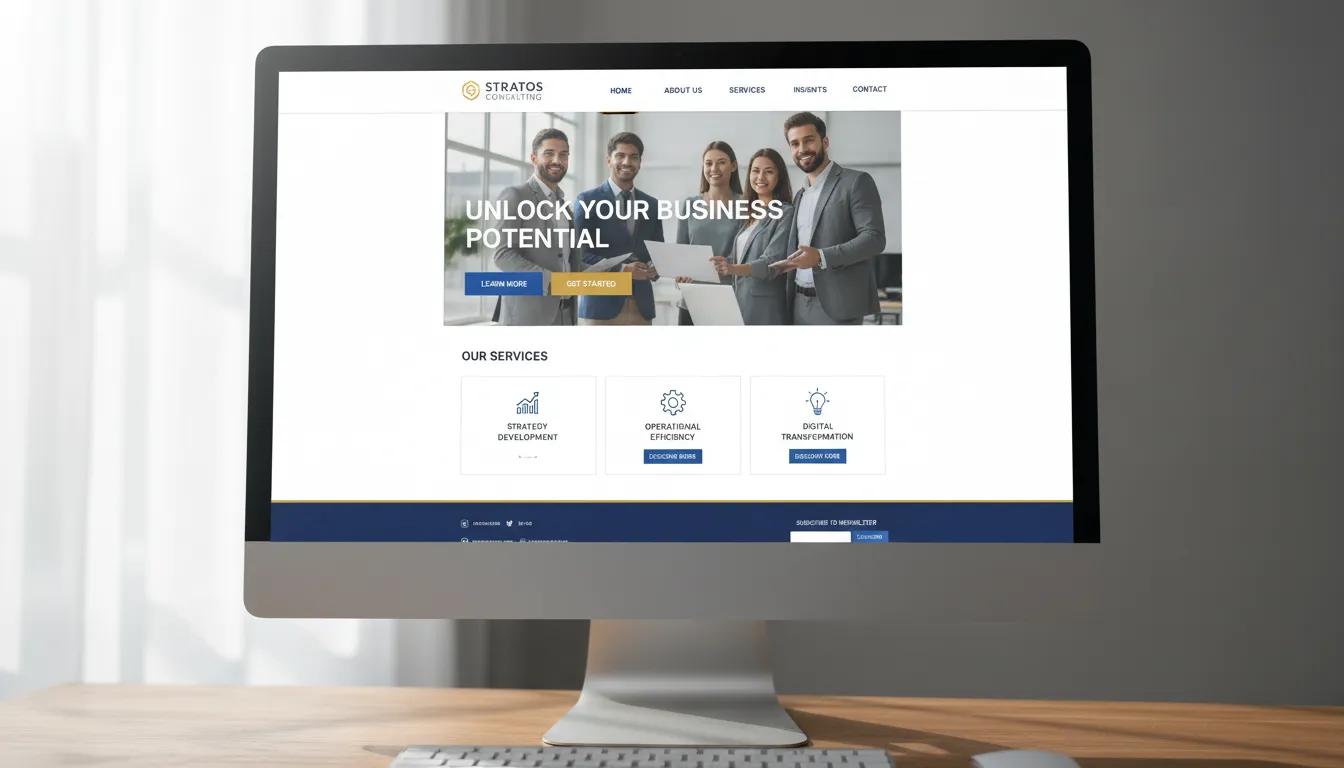 Mockup de site para consultoria com interface limpa, botões de ação visíveis e apresentação de serviços
