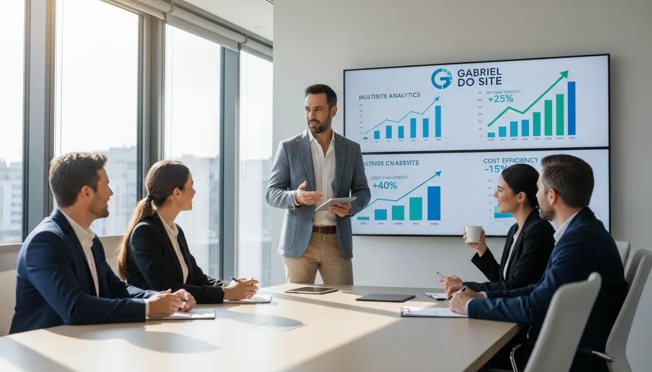 Consultor apresentando benefícios do Multisite a clientes empresariais, destacando resultados positivos.