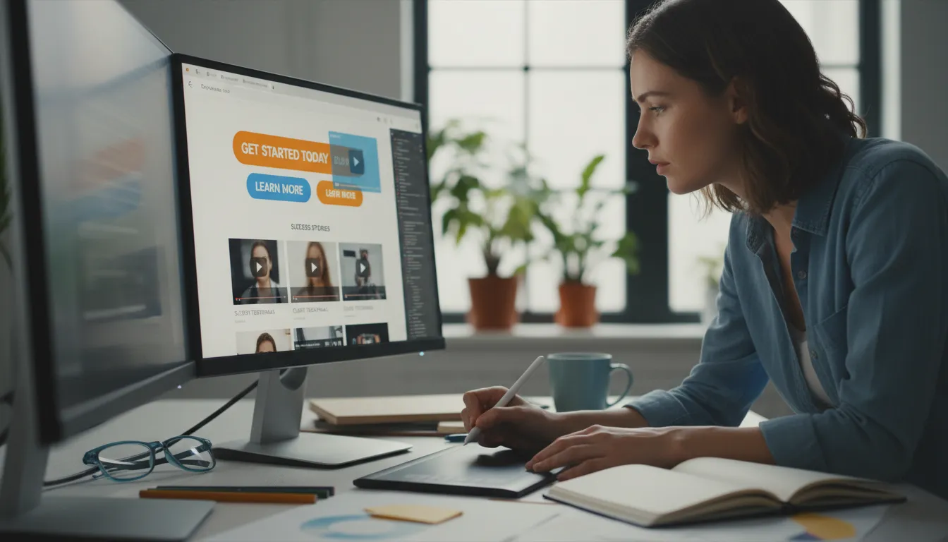 Designer ajusta CTA e depoimentos em landing page moderna e responsiva