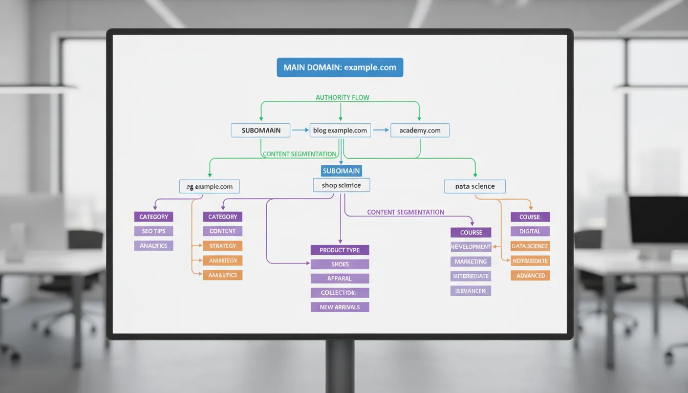 Quadro branco digital com fluxogramas mostrando estruturas de site com domínios e subdomínios, destacando segmentos.