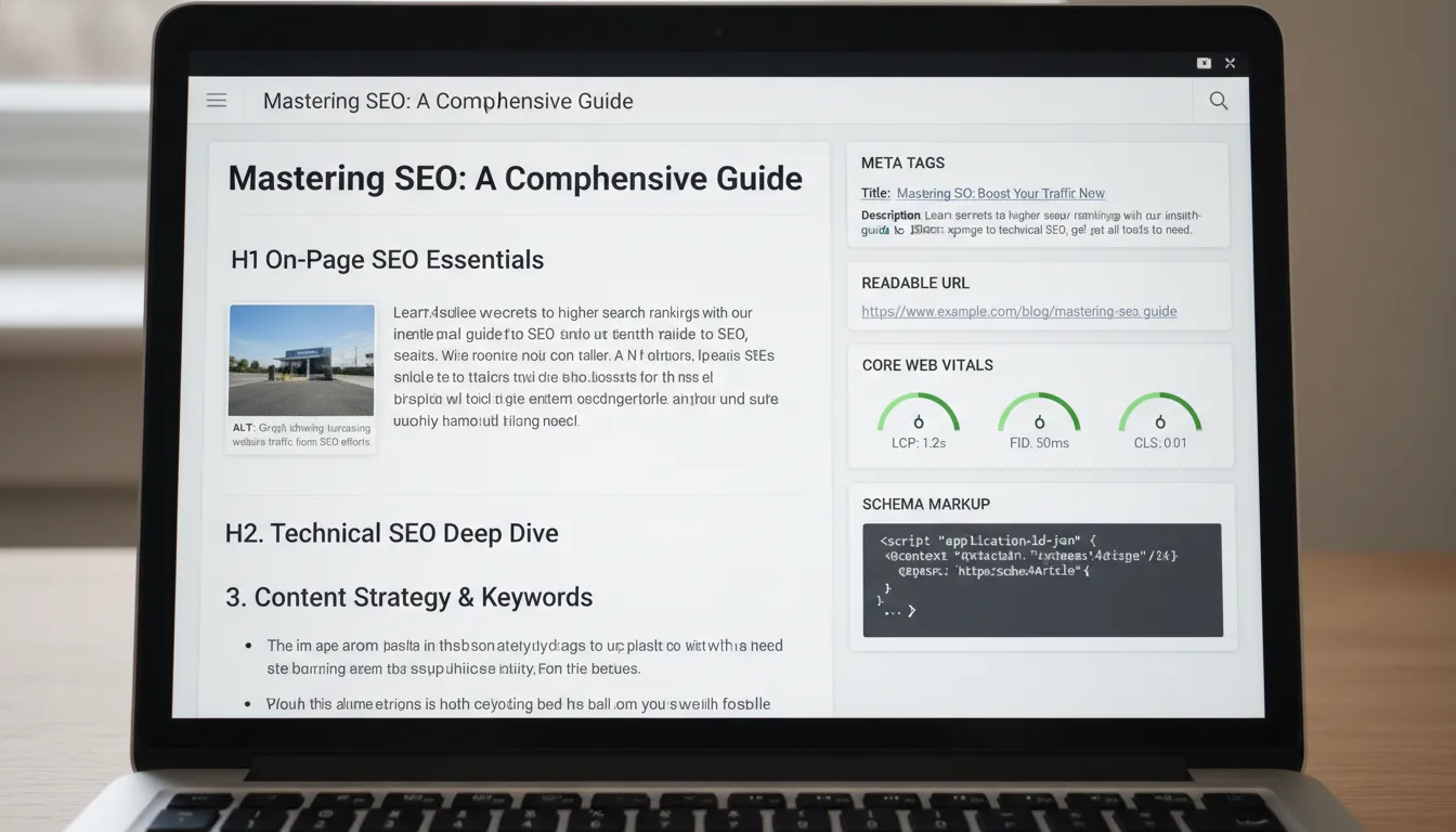 Blog post otimizado exibindo detalhes como headings, meta tags e Core Web Vitals em uma tela de notebook