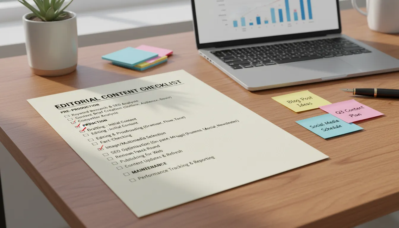 Checklist editorial detalhado com etapas de SEO e distribuição ao lado de laptop em ambiente organizado