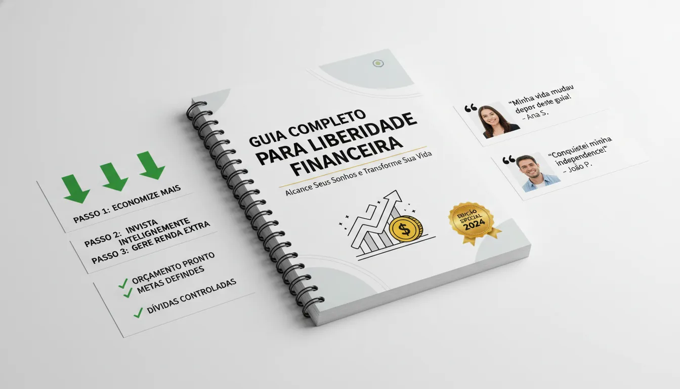 Capa de e-book realista impressa, com checklists e depoimentos positivos em destaque ao redor.