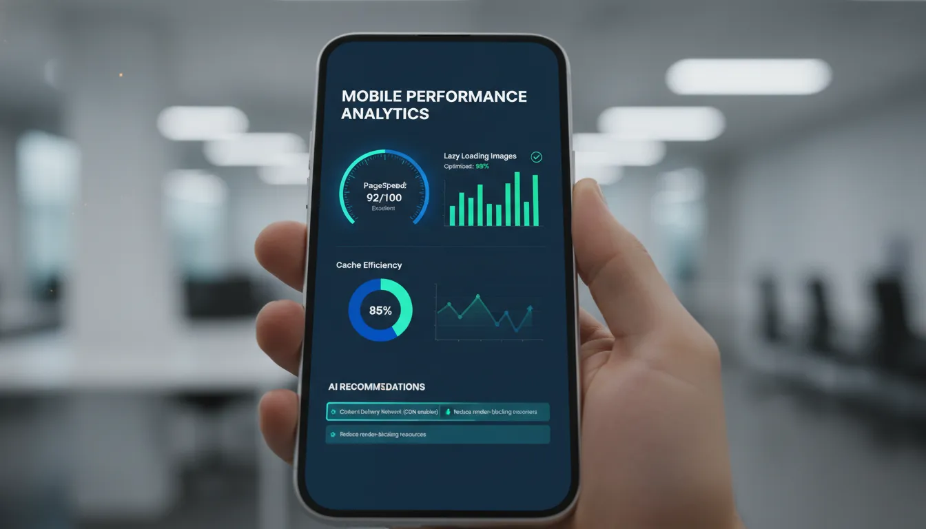Dashboard realista em smartphone de última geração, exibindo métricas de performance e otimizações mobile