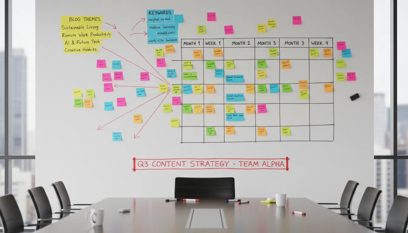 Mural de planejamento estratégico com temas de blog e calendário de 3 meses.