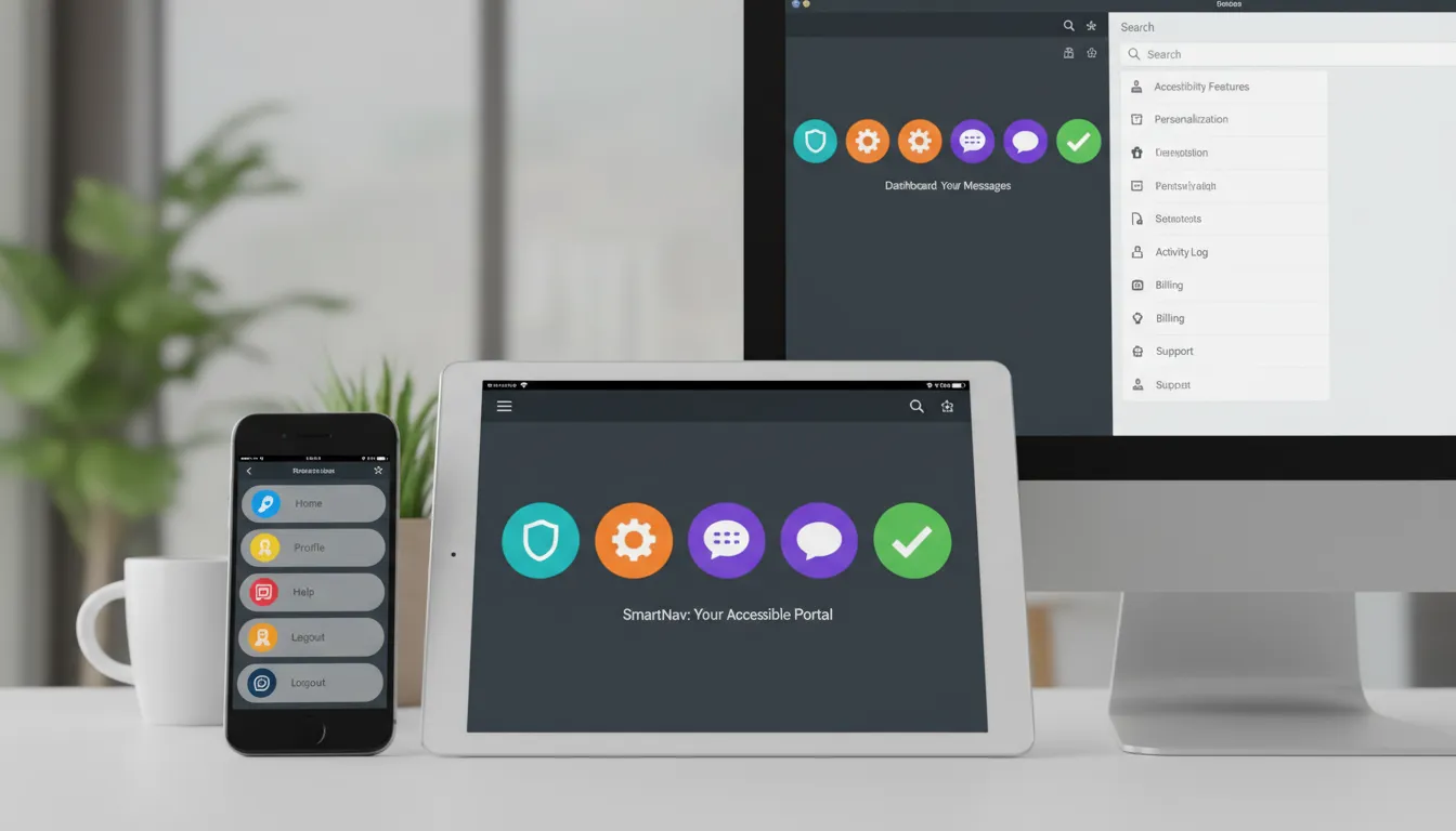 Menu de site acessível, com ícones e navegação eficiente em múltiplos dispositivos